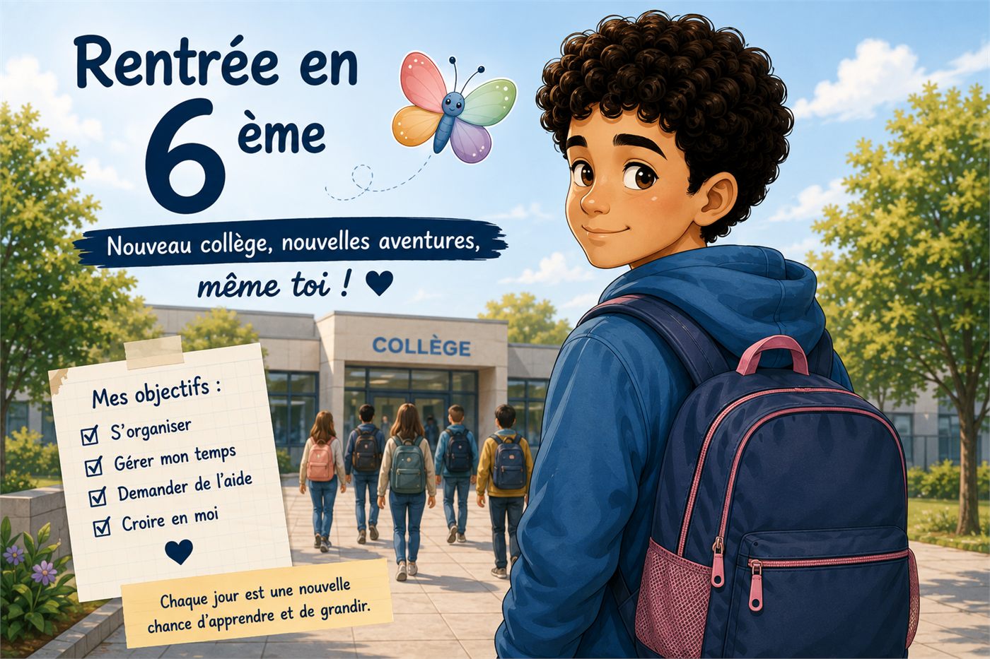 Rentrée en 6e : nouveau collège, nouvelles aventures, même toi ! Mes objectifs : s'organiser, gérer mon temps, demander de l'aide, croire en moi
